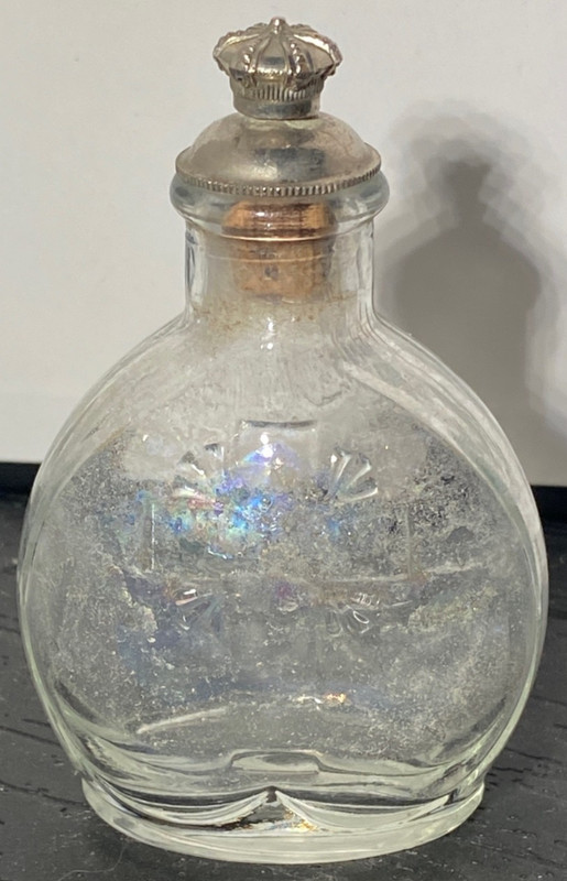 *** ANTIQUE GLASS HOLY WATER BOTTLE WITH CROWN TOPPER ***