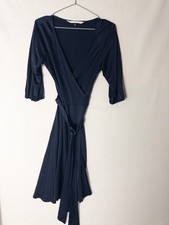 Diane Von Furstenberg Cocktail Dress Womens 4 Blue Sateen Wrap V Neck Ruffle
