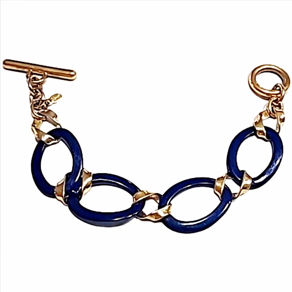 Pulsera Vintage Monet Azul Marino Acrílico Cadena Ovalada Metal Tono Dorado  Foto 3 de 4