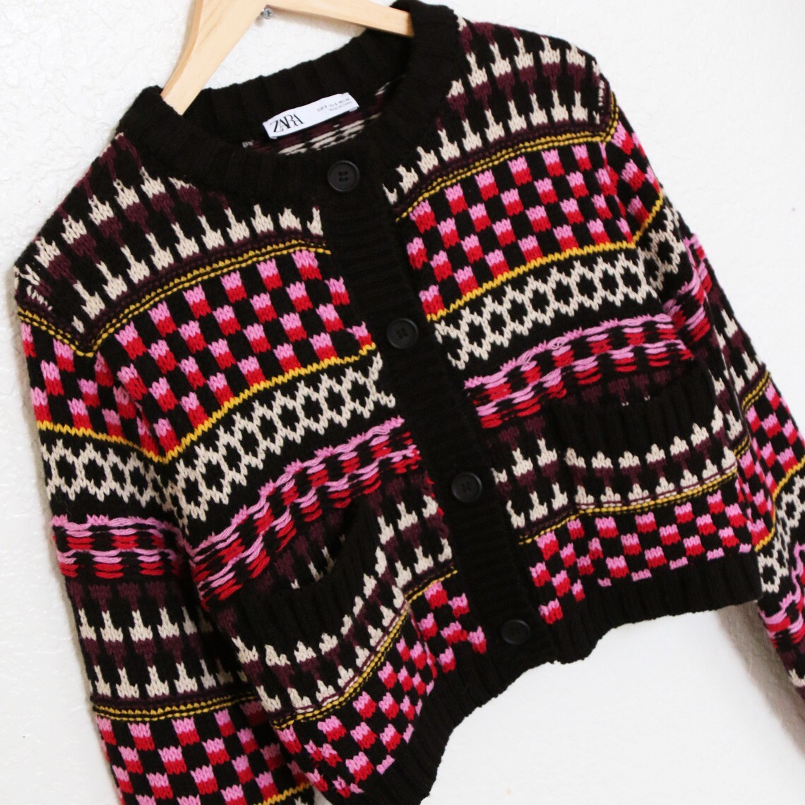 Zara Black Pink Geo Checker Button Front Jacquard Knit Crop Cardigan  Sweater S