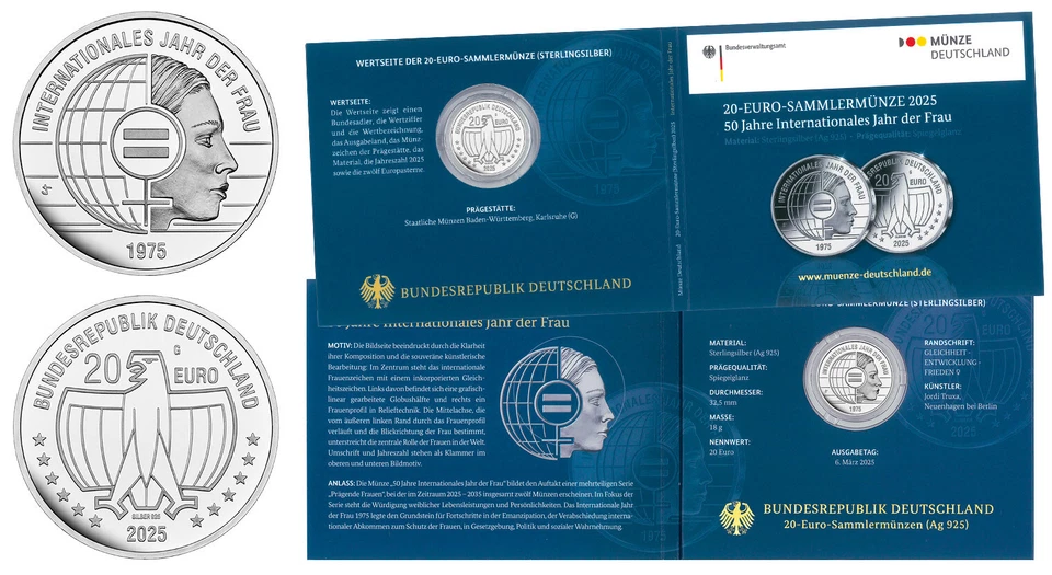 BRD 20 EURO 50 JAHRE INTERNATIONALES JAHR DER FRAU 2025 SILBER POLIERTE PLATTE