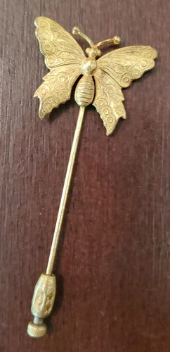 Miriam Haskell Vintage Gold tone Butterfly hat stick pin midcentury Signed