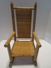 Vintage Wood 18" Doll Rocking Chair Woven wicker Seat back oak maple 18.75 T