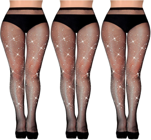 3 Pcs Rhinestone Fishnet Stockings Glitter Fishnet Tights High Waist Mesh Stocki