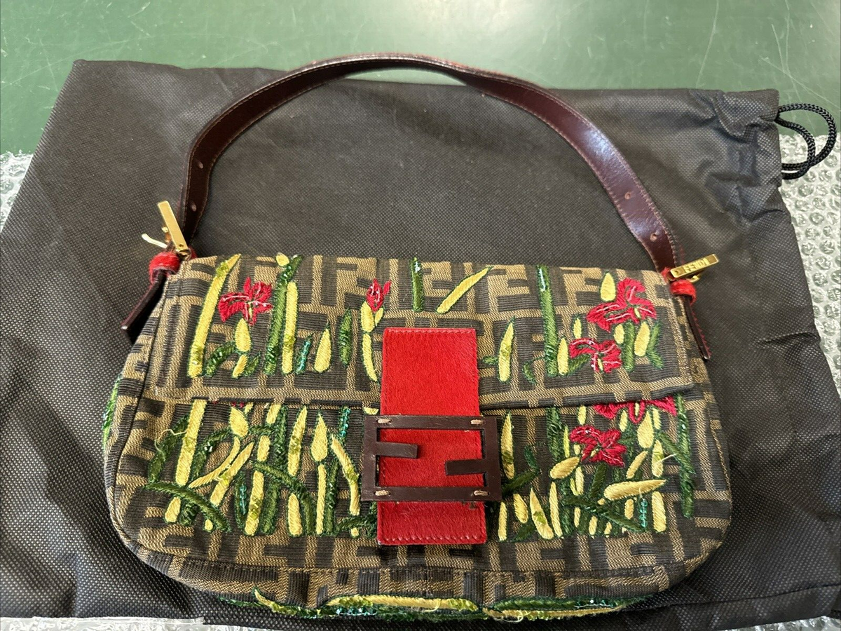 Fendi Floral Embroidered Beaded Zucca Baguette Shoulder Bag
