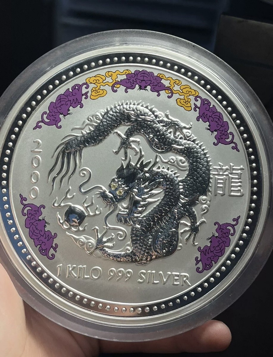 2000 Australian Bullion 1 Kilo Silver Dragon Golden Diamond