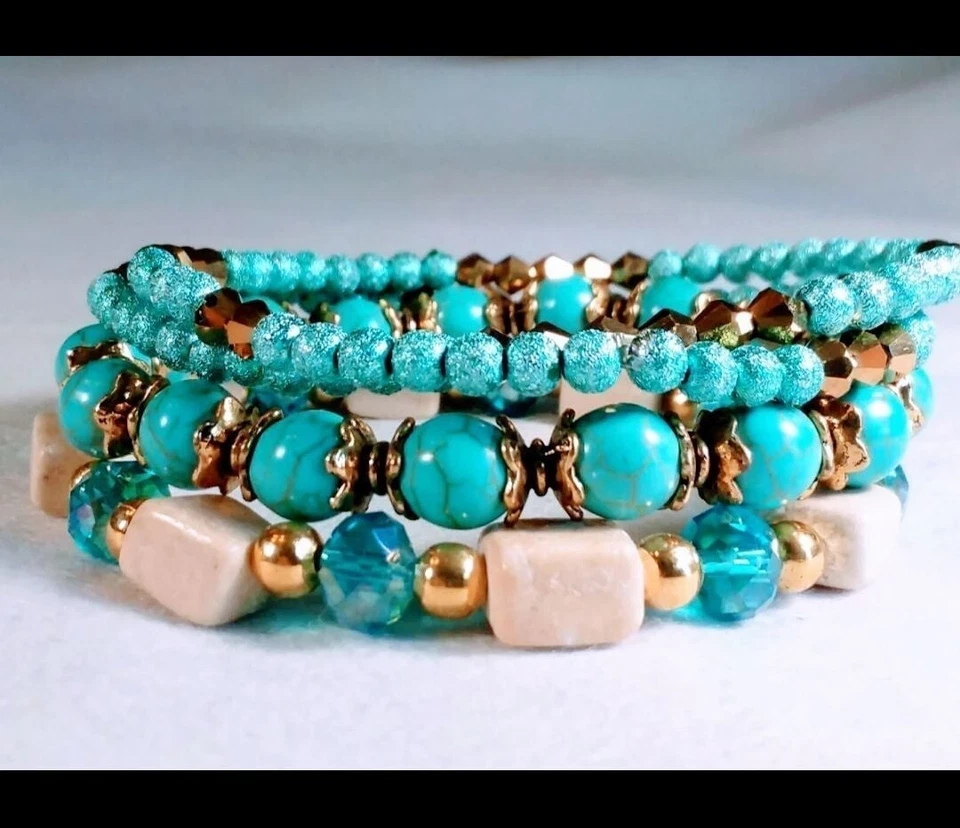 New Handmade 3 Bracelet Stack Stone Glass Metallic Gold Turquoise OOAK Wrap Cuff - Image 2 of 3