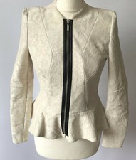 River Island Fitted Cream Lace Jacket Peplum Faux Leather Accent Evening Uk 10