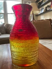 Blenko Handblown Art Glass Strata 2135L Tangerine Red Orange Yellow 8.75"