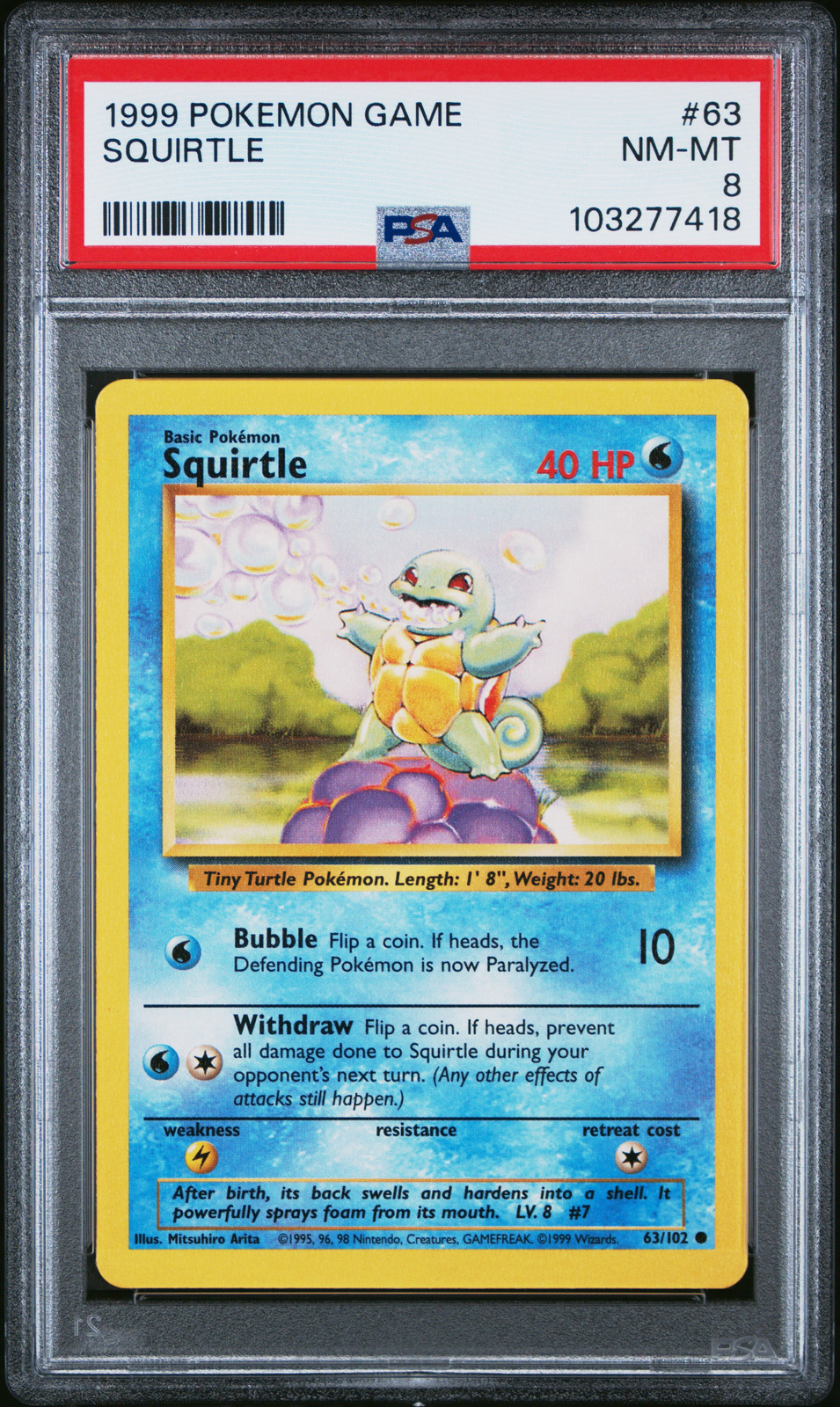1999 POKEMON BASE SET UNLIMITED #63 SQUIRTLE PSA 8
