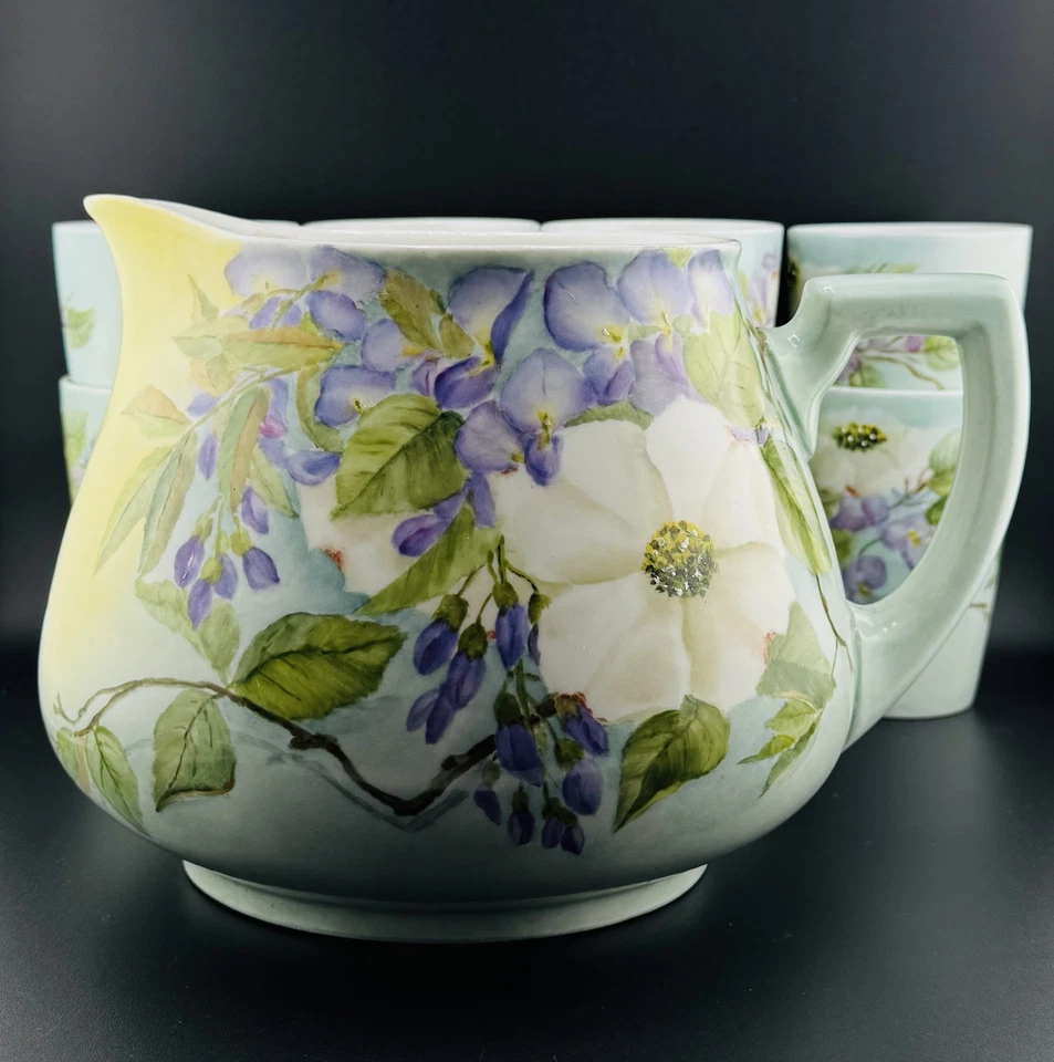 W.G. Jarra pintada a mano con 8 vasos firmada por Eva C. Murray & Co. Limoges Foto 2 de 4