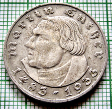GERMANY THIRD REICH 1933 A 2 REICHSMARK Martin Luther 450th Anniv 0.625 SILVER