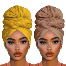 2 Piece Long Solid Color Stretch Head Wrap African Women's Jersey Turban Fashion
