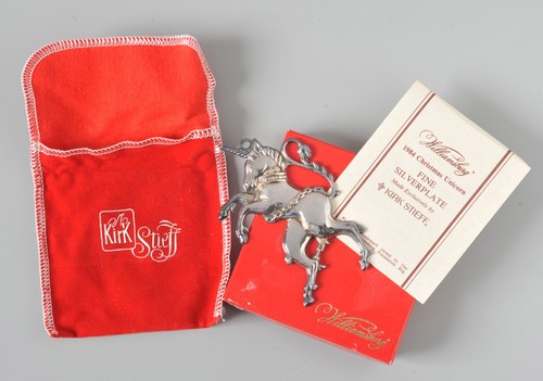 Kirk Stieff Williamsburg Natale 1984 Unicorno Ornamento Piatto Argento con Sacchetto - Foto 1 di 4