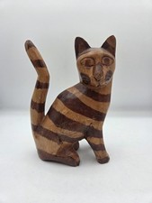 Hand Carved Wooden Cat Figurine Striped Minimalist Folk Art Home Decor 7" X 5"