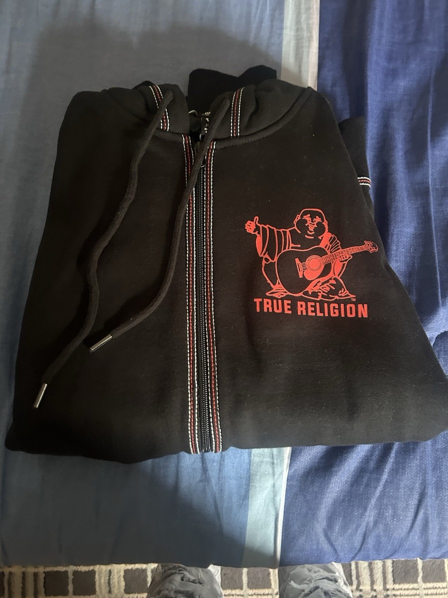 True Religion Black Fleece Full Zip Hoodie Embossed Buddha Graphic