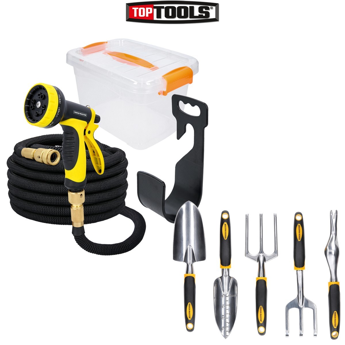 TOUGH MASTER Premium Expandable Garden Hose 100FT in Box & 5pc Garden Hand Tools