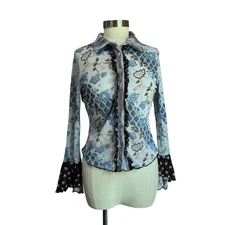 Y2K Paisley Blue Mixed Media Ruffled Hippie Vintage Button Down Blouse Sz L