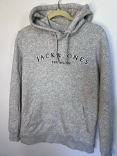 JACK  JONES Gray Fleece Pullover Hoodie Cotton Blend Logo Drawstring Size L
