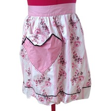 Vtg. Pink White Floral Cotton Waist Apron w/ Pocket, One Size