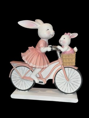 Easter Bunny Mother & Baby On Bicycle Figurine 14  x 13  Spring Pink Decor NIB