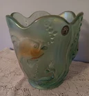 2000 Fenton Glass Blue Iridescent Atlantis Fish Vase Hand Painted Signed 95th