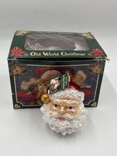 OWC Old World Christmas Glitter Jingle Bell Santa Head Blown Glass Ornament 4''