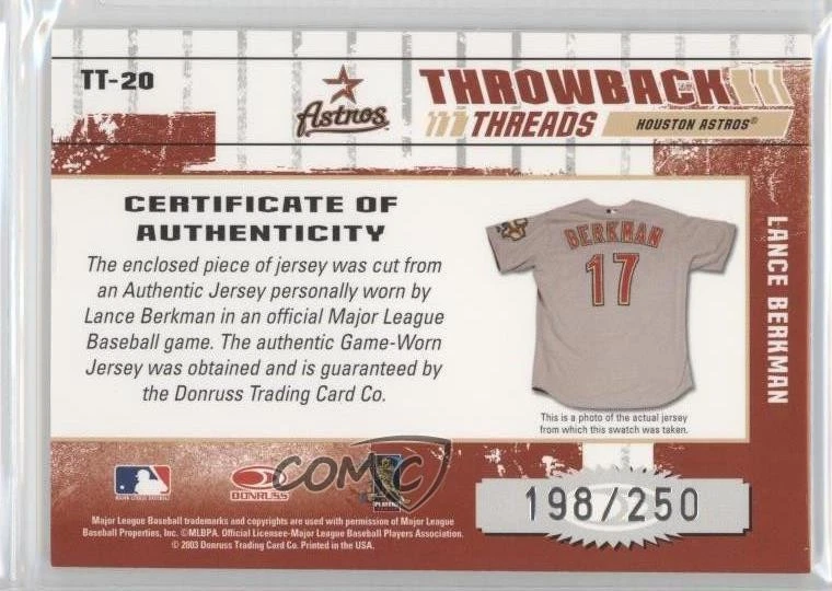 2003 Donruss Elite Throwback Threads /250 Lance Berkman #TT-20 - Image 2 of 2