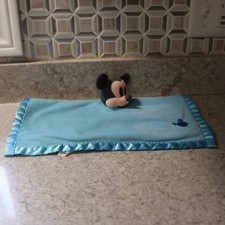 Disney Baby Mickey Mouse Lovey Blue Security Blanket W/ Heart  Satin Trim