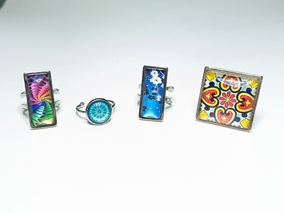 Verstellbarer Harz Cabochon Edelstahl Ring Set mit Luxus Geschenkbox 
