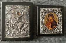 2x Silver plated icon depicting Saint Demetrius, Holy Mother of God Religious