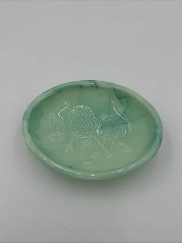 Avon Vintage 1970s Soap Dish Teal Green Victoriana Milk Glass Swirl Rose Design