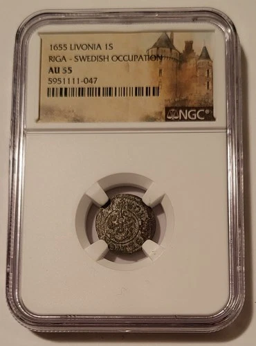 Livonia (Latvia) Swedish Occupation 1655 Silver Solidus Riga Mint AU55 NGC