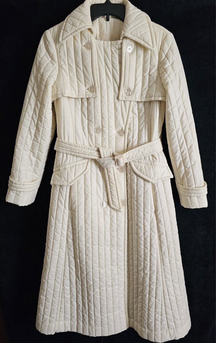 Vtg 70's "SUNSHINE  SHOWERS" (by Wally Pearsall) XS Quilted Trench Coat, Ivory View 6