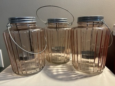Set Of Three (3) Vintage Pink Depression Glass Mason Jar Lanterns 7.5  Tall