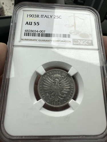 1903 R ITALY 25 CENTESIMI NGC AU55 SCARCE 