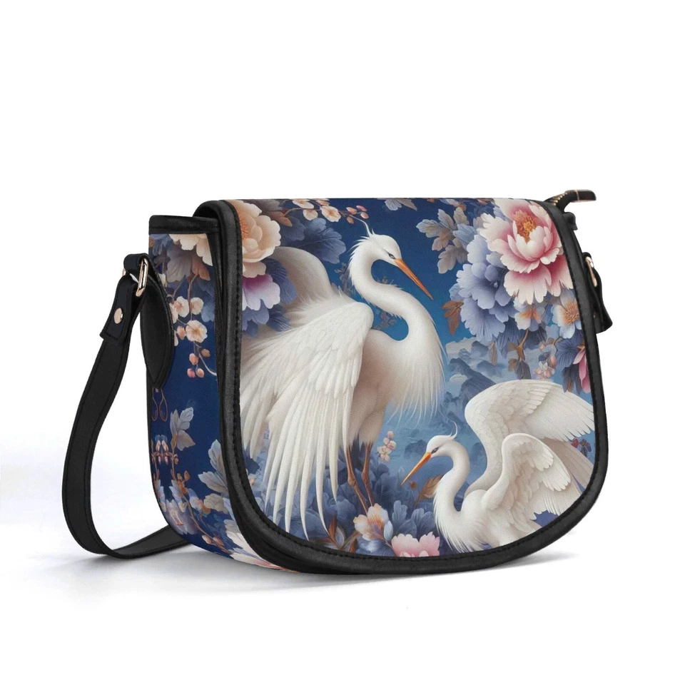 Egret из натуральной кожи седло наплечная сумка Дамская сумка Ombré цветочный пион журавль лебедь - Изображение 2 из 4