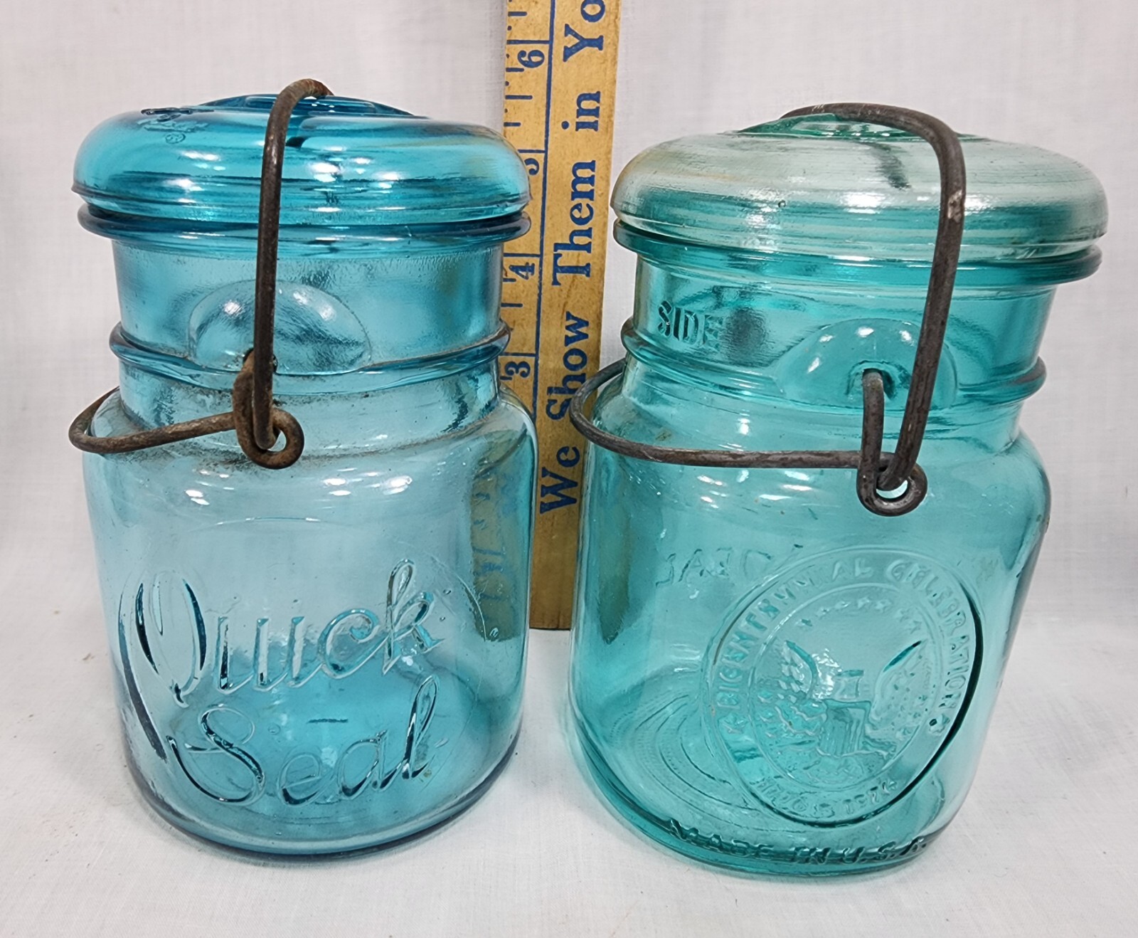LOT of TWO BLUE Ball QUICK SEAL Pint & Bicentennial Mason Jar + Bail