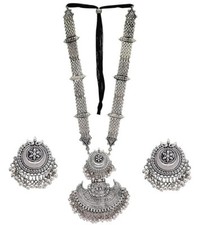 Set di gioielli per collana lunga ossidata in argento afgano Bollywood etnico...