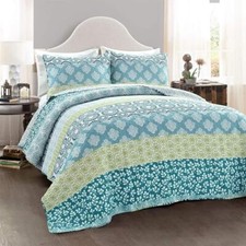 Bohemian Stripe Reversible Cotton Quilt Set, 3 Piece Set - King Blue  Green