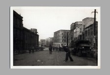 WW2 Era Photo U.S. GIs Walking Middle City Street Buildings Military Truck
