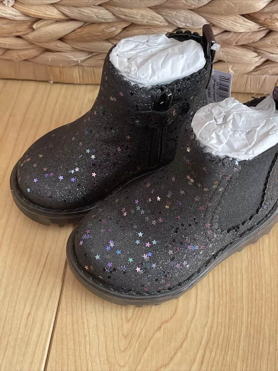 NEXT YOUNG GIRLS STAR SPARKLE GLITTER BLACK CHELSEA BOOTS SIZE 3 19 BNWT RRP 30