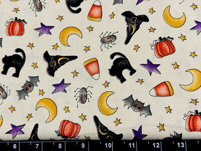 Tina Scrap 9''x21'' Cat Witch Moon Star Bat Spider Pumpkin HALLOWEEN FABRIC COTTON