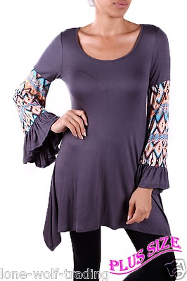 Plus Size ''Dark Grey MultiColor Bell Sleeves'' Tribal Design Top-PT5-HS-T1071-1