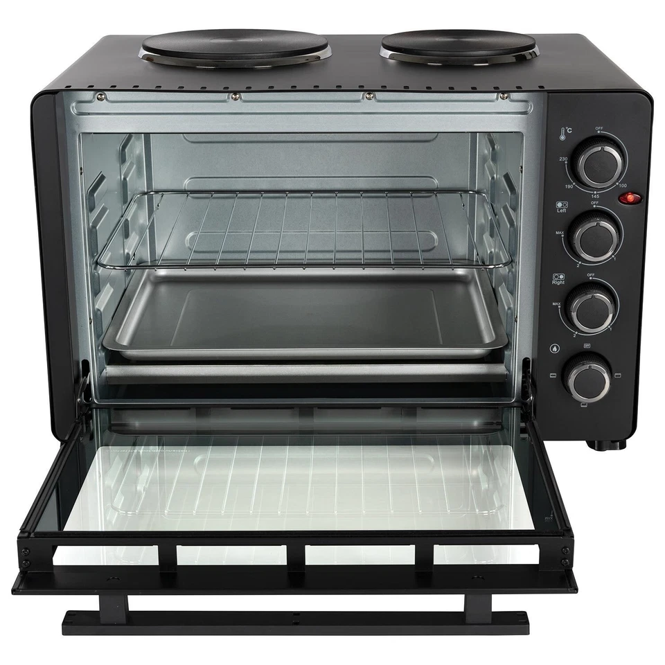 electriQ 45L Mini Oven with Dual Hotplates 1600W, 230°C, Black - Image 2 of 4
