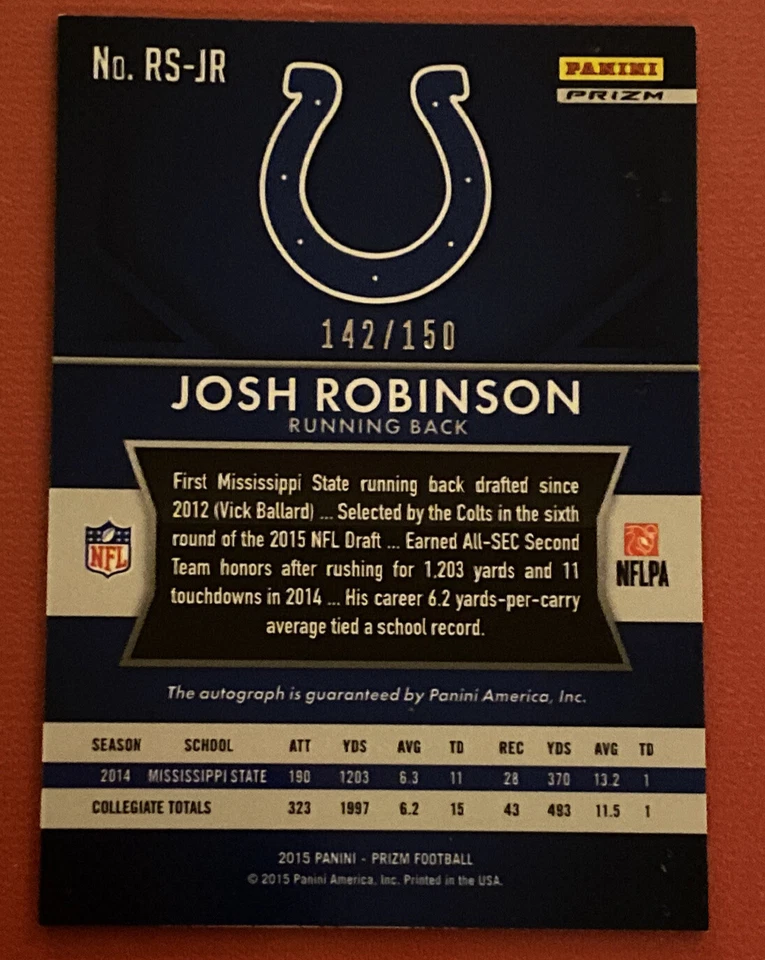 2015 Prizm Blue Wave Josh Robinson Colts Rookie /150 - Image 2 of 2