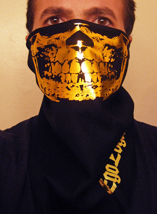 GOLD FOIL HALF SKULL MASK BLACK PREMIUM BANDANA FACE CHOLO SNOW