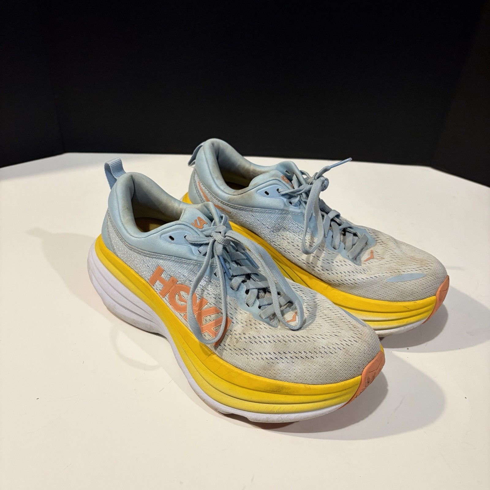 HOKA ONE ONE Bondi 8 Shoes Womens Size 8B Blue Yellow Max Cushion Road Running