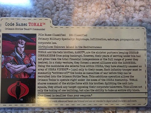2002 GI JOE CONVENTION CRIMSON STRIKE TEAM  TOMAX FILECARD