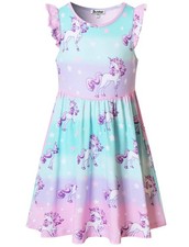 Girls Flutter Sleeve Unicorn Mermaid Dresses Summer Party Beach Hawaiian Clot...